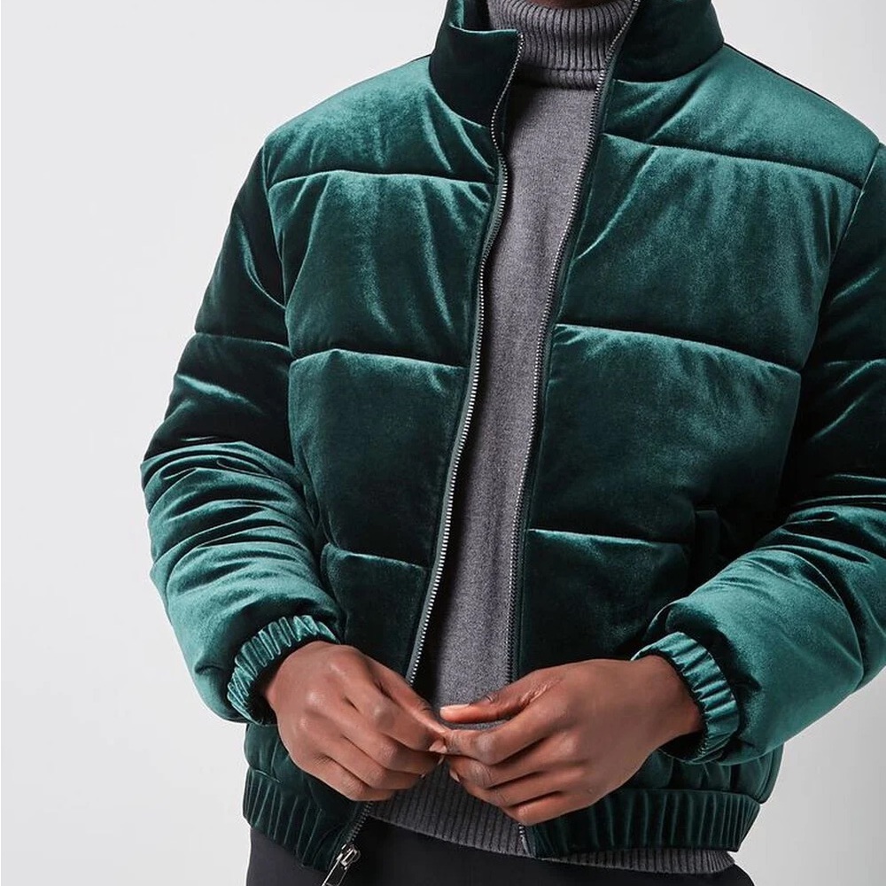 Velvet zip up puffer jacket Emerald